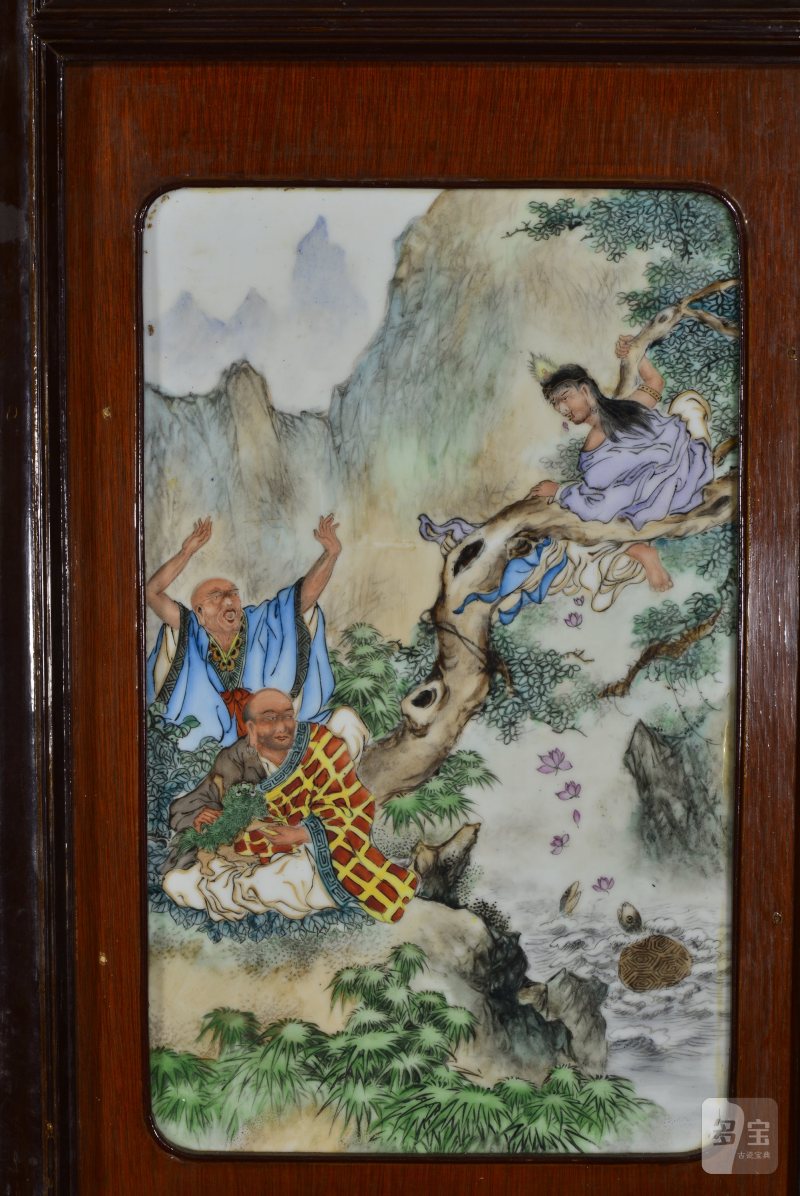 近现代 魏焕明、余少良合作双面粉彩山水人物八联落地大屏风 - 图17